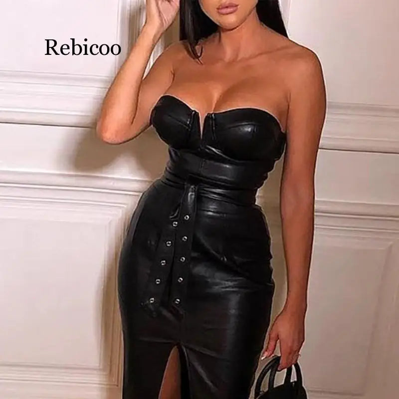 Backless Off Shoulder PU Leather Midi Dress
