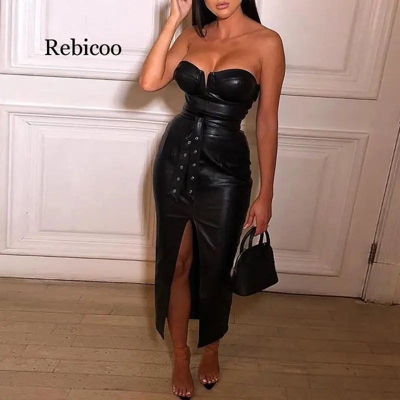 Backless Off Shoulder PU Leather Midi Dress