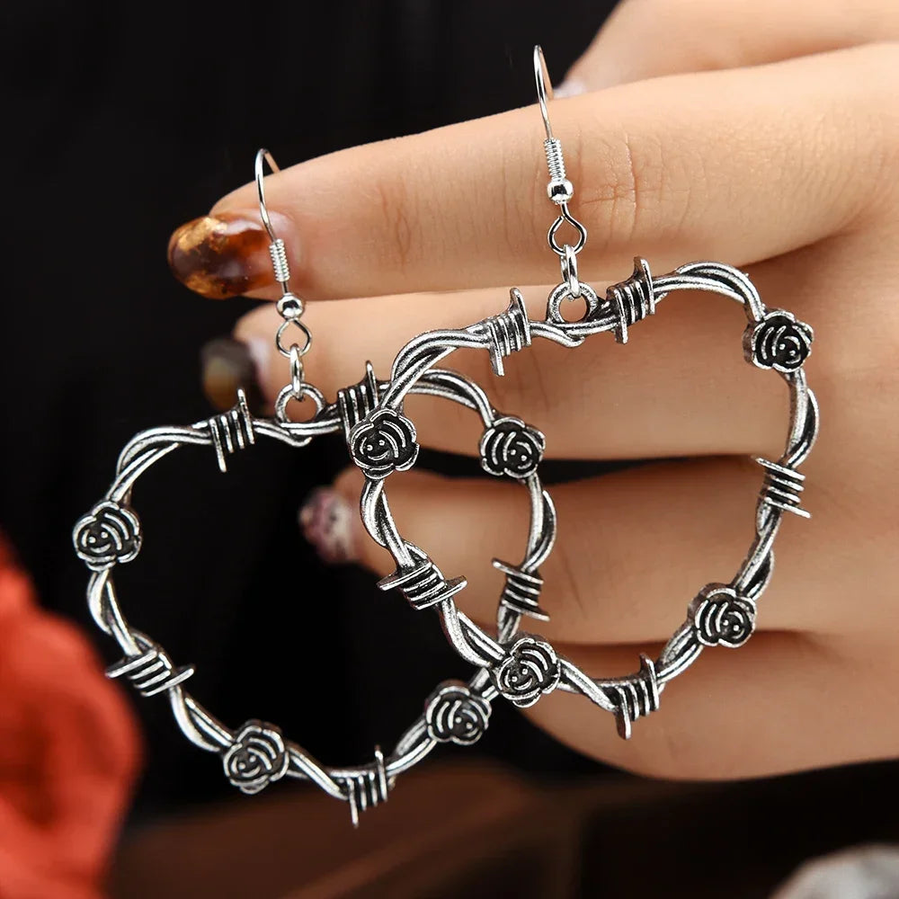 Gothic Rose Barbed Wire Heart Earrings