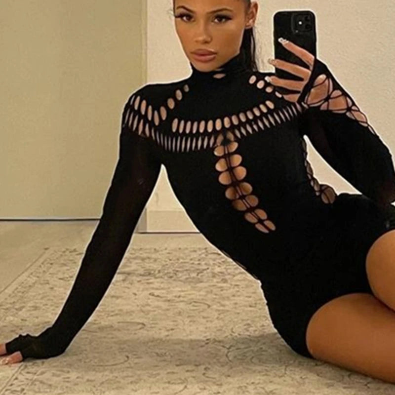 Hollow Out High Collar Bodysuit
