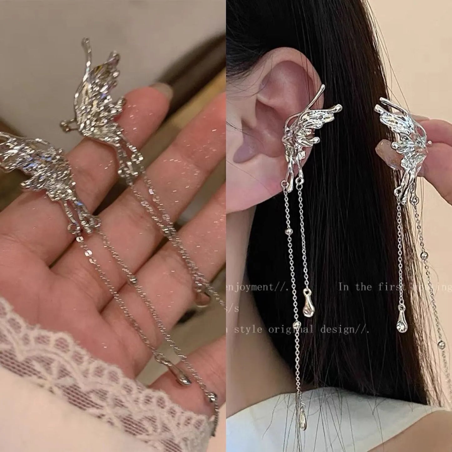 Elf Butterfly Long Tassel Clip Earrings
