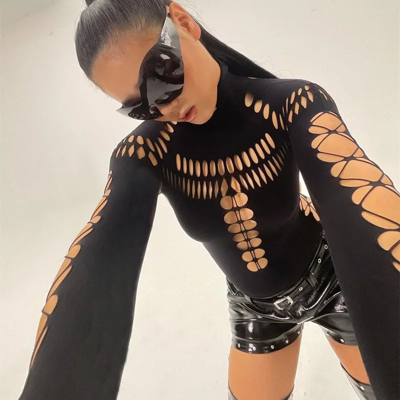 Hollow Out High Collar Bodysuit