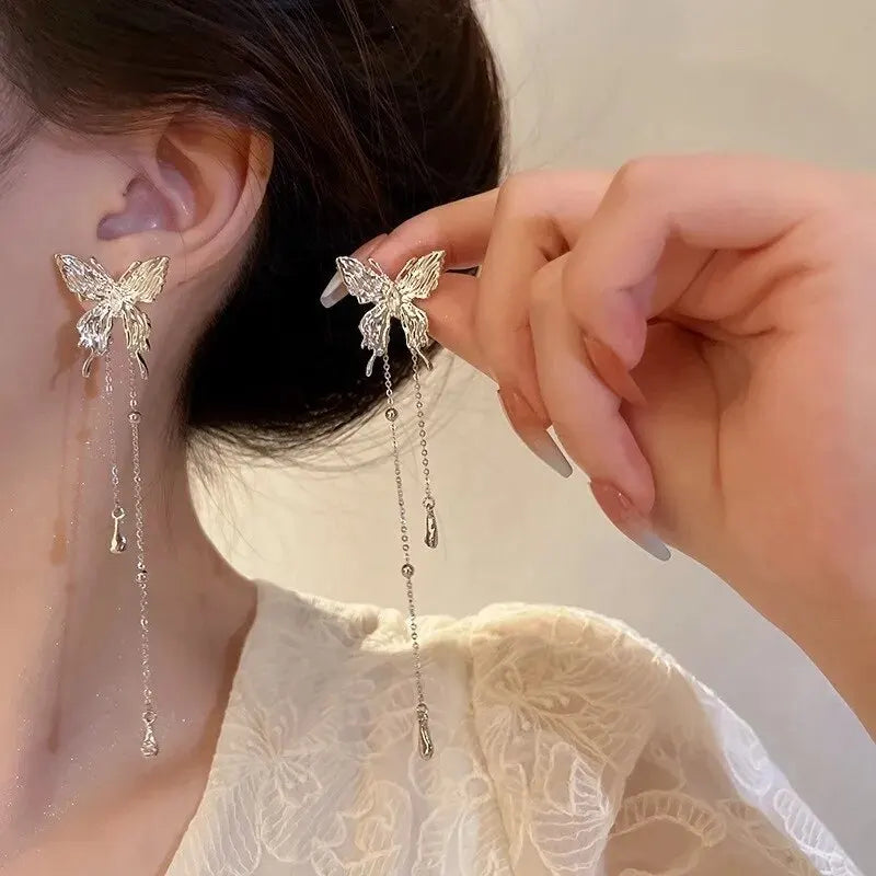 Elf Butterfly Long Tassel Clip Earrings