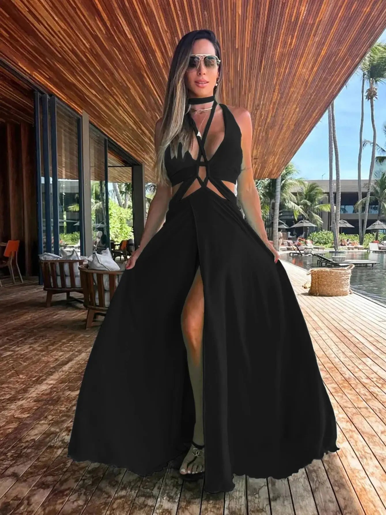 Vacation Long Dress Cut Out Exposed Waist