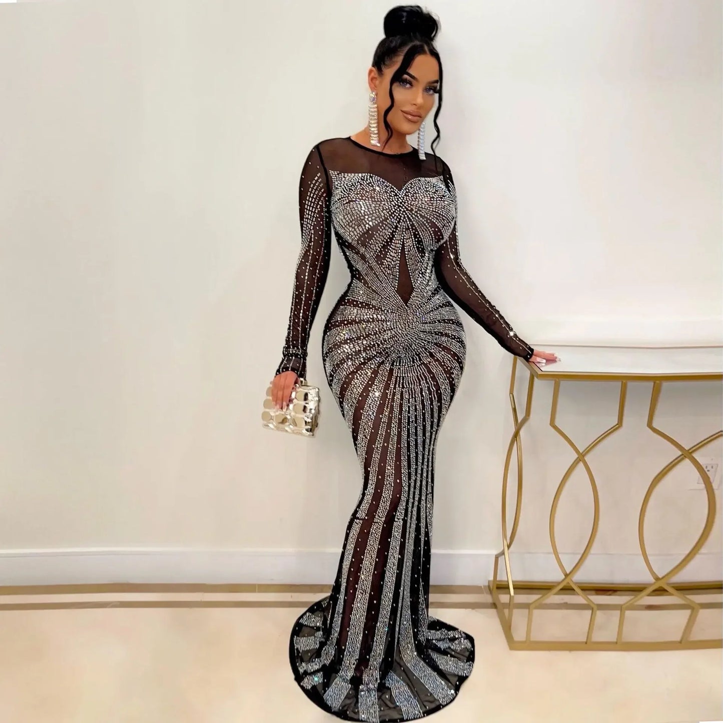 Mesh Bling Mermaid Maxi Dress