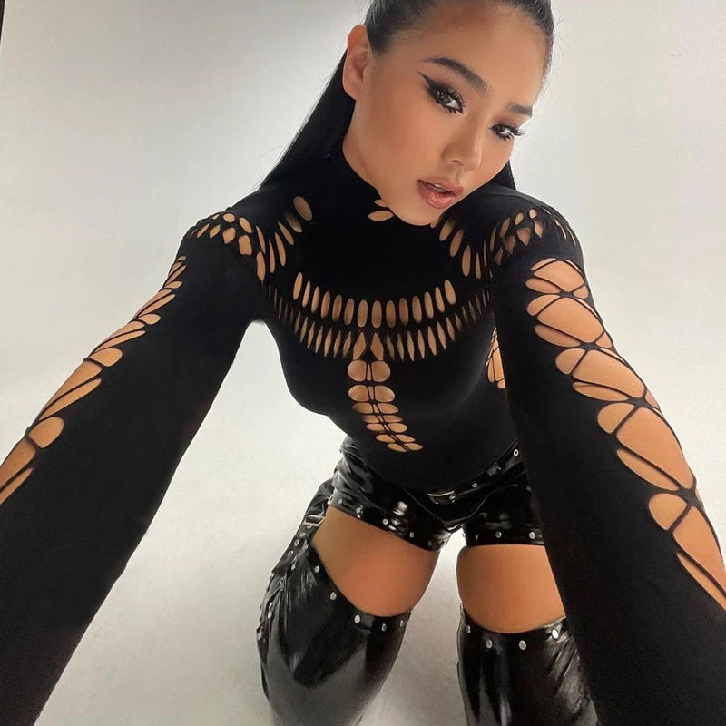 Hollow Out High Collar Bodysuit